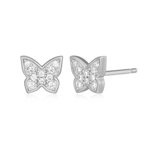 BE0035W - Pave Butterfly Lab-Created Diamond Stud Earrings in Rhodium-Plated Sterling Silver