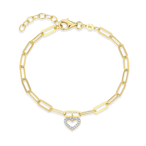 BB0169Y - Open Heart Pendant Lab-Created Diamond Paperclip Bracelet in 14K Gold & Rhodium-Plated Sterling Silver