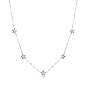BN0146W - Flower Station Necklace in Rhodium-Plated Sterling Silver