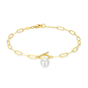 BB0233Y - Freshwater Pearl & Lab-Created Diamond Toggle-Look Paperclip Bracelet in 14K Yellow Gold-Plated Sterling Silver