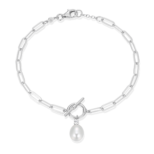 BB0233W - Freshwater Pearl & Lab-Created Diamond Toggle-Look Paperclip Bracelet in Rhodium-Plated Sterling Silver
