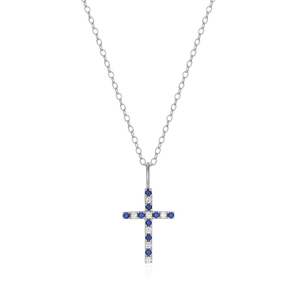 BN0251 - Cross Lab-Created Sapphire & Diamond Pendant Necklace in Rhodium-Plated Sterling Silver