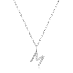 BN0132W - Letter "M" Initial Pendant Necklace in Rhodium-Plated Sterling Silver