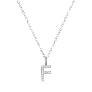 BN0125W - Letter "F" Initial Pendant Necklace in Rhodium-Plated Sterling Silver