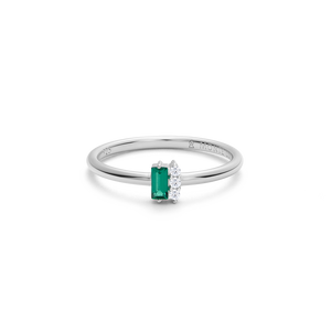 BR0175W - Lab-Created Emerald Baguette & Diamond Round Cluster Ring in Rhodium-Plated Sterling Silver