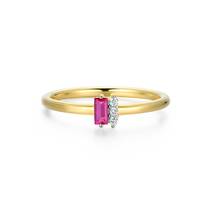 BR0173Y - Lab-Created Ruby Baguette & Diamond Round Cluster Ring in 14K Gold & Rhodium-Plated Sterling Silver