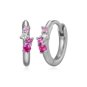 BE0199W - Scattered Ombre Lab-Created Ruby & Diamond Huggie Earrings in Rhodium-Plated Sterling Silver