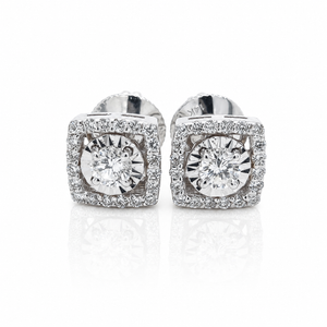 14k White Gold Diamond Square Halo stud Earrings 0.75 ctw