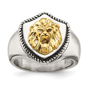 Stainless Steel With 14KT Gold Gold Accent Antiqued & Polished Lion on Shield Ring