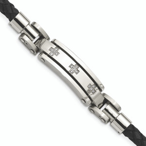 Stainless Steel Black Leather & Diamond Crosses 8.25in Bracelet