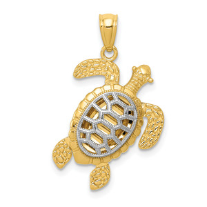 14KT Gold With Rhodium Polished Moveable Legs Sea Turtle Pendant