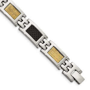 Stainless Steel Polished 14KT Gold Gold Gold Filled & Carbon Fiber Inlay 8in Bracelet