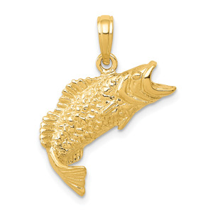 14KT Gold Gold Polished Textured Bass Fish Pendant