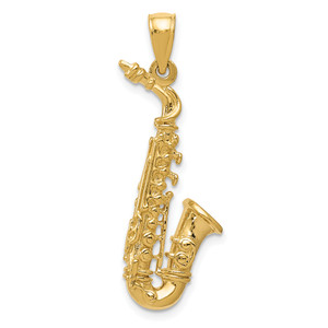 14KT Gold Solid Polished 3-D Saxophone Pendant