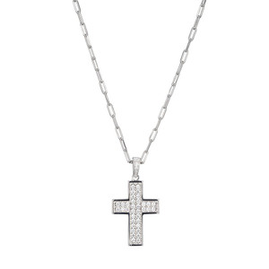 Sterling Silver Necklace made with Paperclip Chain (2mm) and Cubic Zirconia Cross Pendant (32x18mm)