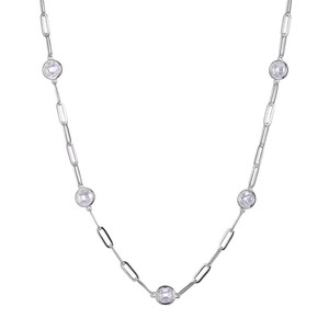 Sterling Silver Necklace Made With Paperclip Chain (3mm) And 7 Pieces Cubic Zirconia (Stone Size 6Mm) Station