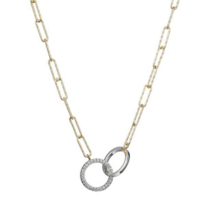 Sterling Silver Necklace made with Diamond Cut Paperclip Chain (3mm) and 2 Circles in Center, Measures 17" Long, Plus 2" Extender for Adjustable Length, 2 Tone, 18K Yellow Gold and Rhodium Finish