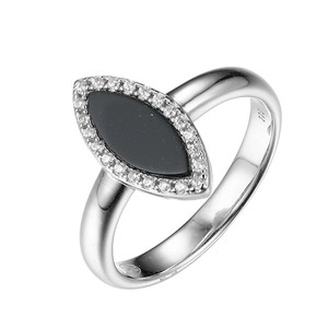 Sterling Silver Ring made with Marquise Shape Black Onyx (11x4.5x1mm) and Cubic Zirconia