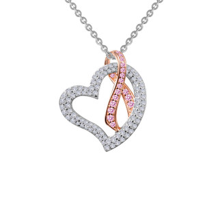 Lafonn Pink Ribbon Heart Pendant Necklace bonded in Platinum