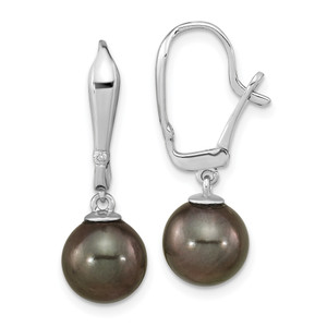 14K WG 9-10mm Round Black Saltwater Tahitian Pearl .02ct Dia. Dangle Earrin