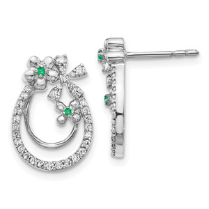 14k White Gold Diamond and Emerald Flower Earrings