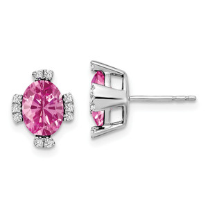 14k White Gold Oval Created Pink Sapphire and Diamond Earrings