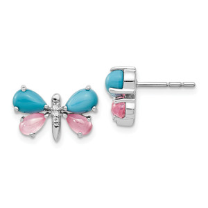 14k White Gold Diamond/Turquoise/Rose Quartz Butterfly Earrings