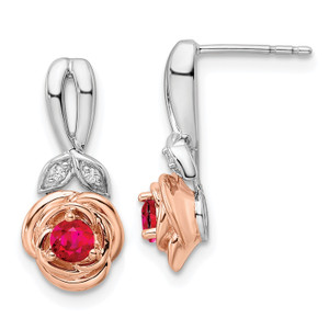 14K Two-tone White and Rose Ruby and Diamond Flower Post Earrings