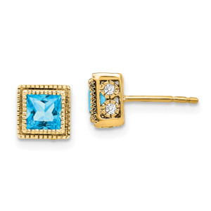 14k Square Blue Topaz and Diamond Earrings