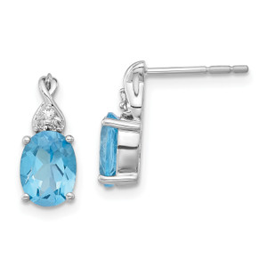 14k White Gold Polished Oval Blue Topaz and Diamond Post Earrings