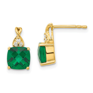 14K Yellow Gold Synthetic Checkerboard Emerald and Diamond Earrings