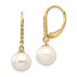 14k 8-9mm White Round FWC Pearl .05ct Diamond Leverback Earrings