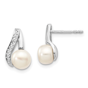 14k White Gold 6-7mm Button FWC Pearl .02ct Diamond Post Earrings