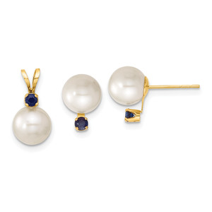 14k 7-8mm White FW Cultured Pearl and Sapphire Stud Ear and Pendant