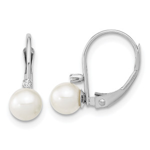 14K White Gold 5-6mm Round White FWC Pearl .02ct. Dia. Earrings
