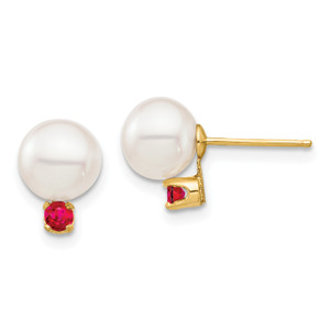 14K 7-7.5mm White Round Freshwater Cultured Pearl Ruby Post Earrings