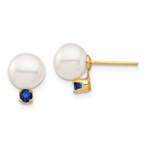 14K 7-7.5mm White Round Freshwater Cultured Pearl Sapphire Post Earrings