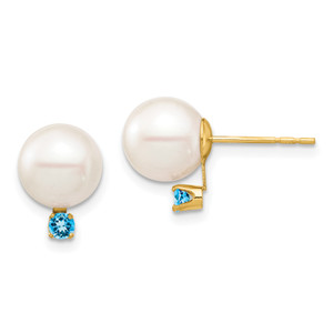 14K 8-8.5mm White Round FW Cultured Pearl Swiss Blue Topaz Post Earrings