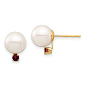 14K 8-8.5mm White Round Freshwater Cultured Pearl Garnet Post Earrings