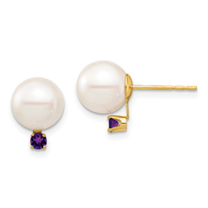14K 8-8.5mm White Round Freshwater Cultured Pearl Amethyst Post Earrings