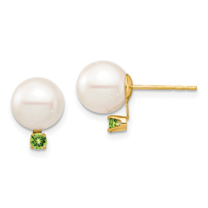 14K 8-8.5mm White Round Freshwater Cultured Pearl Peridot Post Earrings
