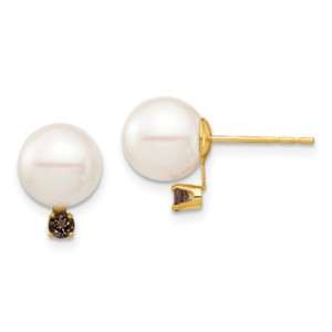 14K 8-8.5mm White Round Freshwater Cultured Pearl Smoky Quartz Post Earring