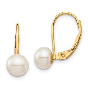 14K 6-7mm White Button Freshwater Cultured Pearl Leverback Earrings