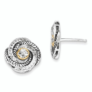 Sterling Silver and Gold-plated Cubic Zirconia Antiqued Post Earrings