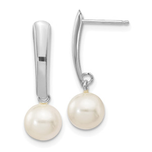 14K White Gold 6-7mm Round White FWC Pearl Dangle Earrings