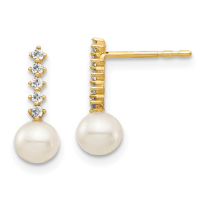 14K Madi K 5-6mm White Round FW Cultured Pearl Cubic Zirconia Post Dangle Earrings