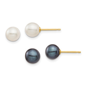 14K 6-7mm White and Black Round FWC Pearl 2 pair Stud Post Earrings Set