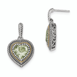 Sterling Silver with 14k Green Quartz Heart Dangle Post Earrings