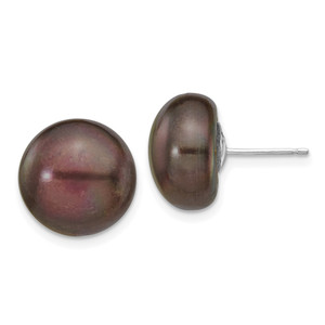 14k White Gold 12-13mm Black Button FW Cultured Pearl Stud Post Earrings