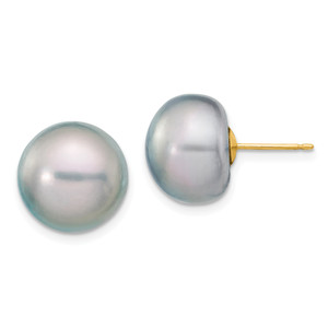 14k 12-13mm Grey Button FW Cultured Pearl Stud Post Earrings